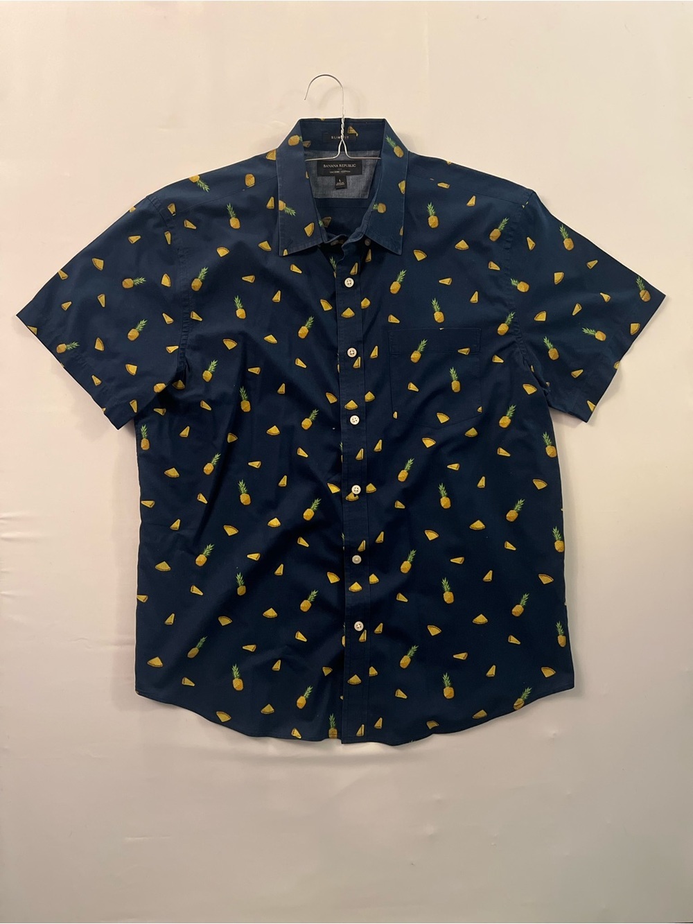 Banana Republic Navy Button-Down Shirt with Yellow Pineapple Print